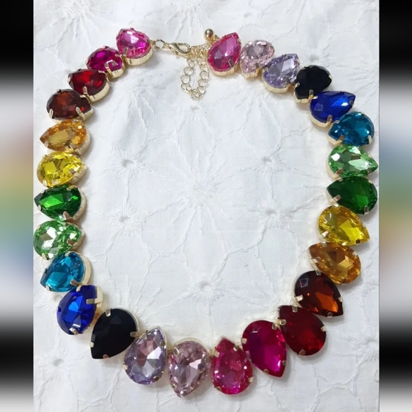RAINBOW GLASS choker necklace Big stones colorful gold tear drop New gift - Picture 7 of 15